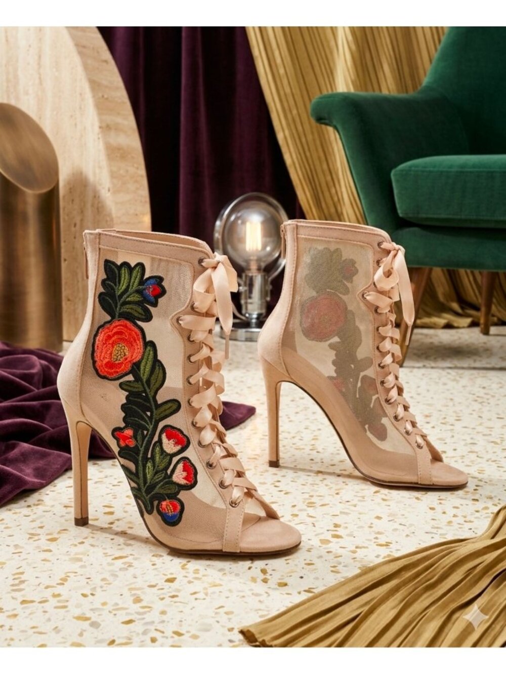 Floral Embroidered Mesh Lace-Up Stiletto Heels With Back Zipper - Picture 4 of 13